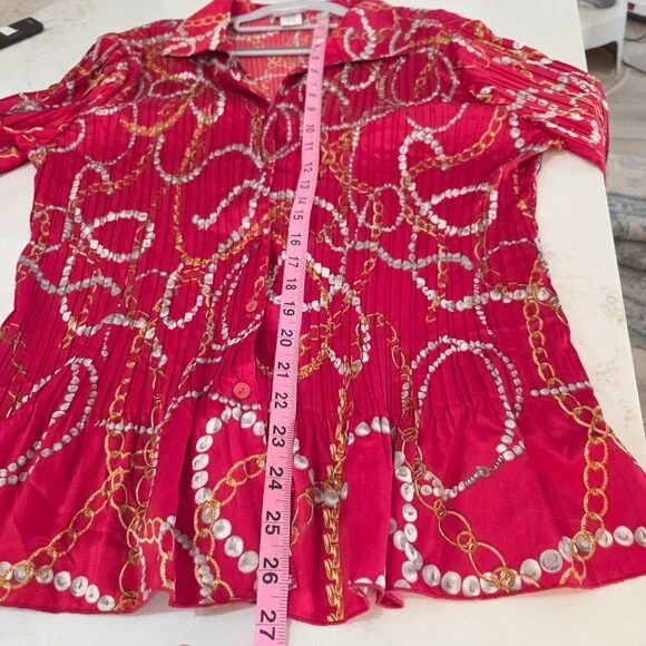 Jaclyn Smith Equestrian Chain Print Button-Up Blouse XL Long Sleeve Pleated Red - Picture 11 of 11